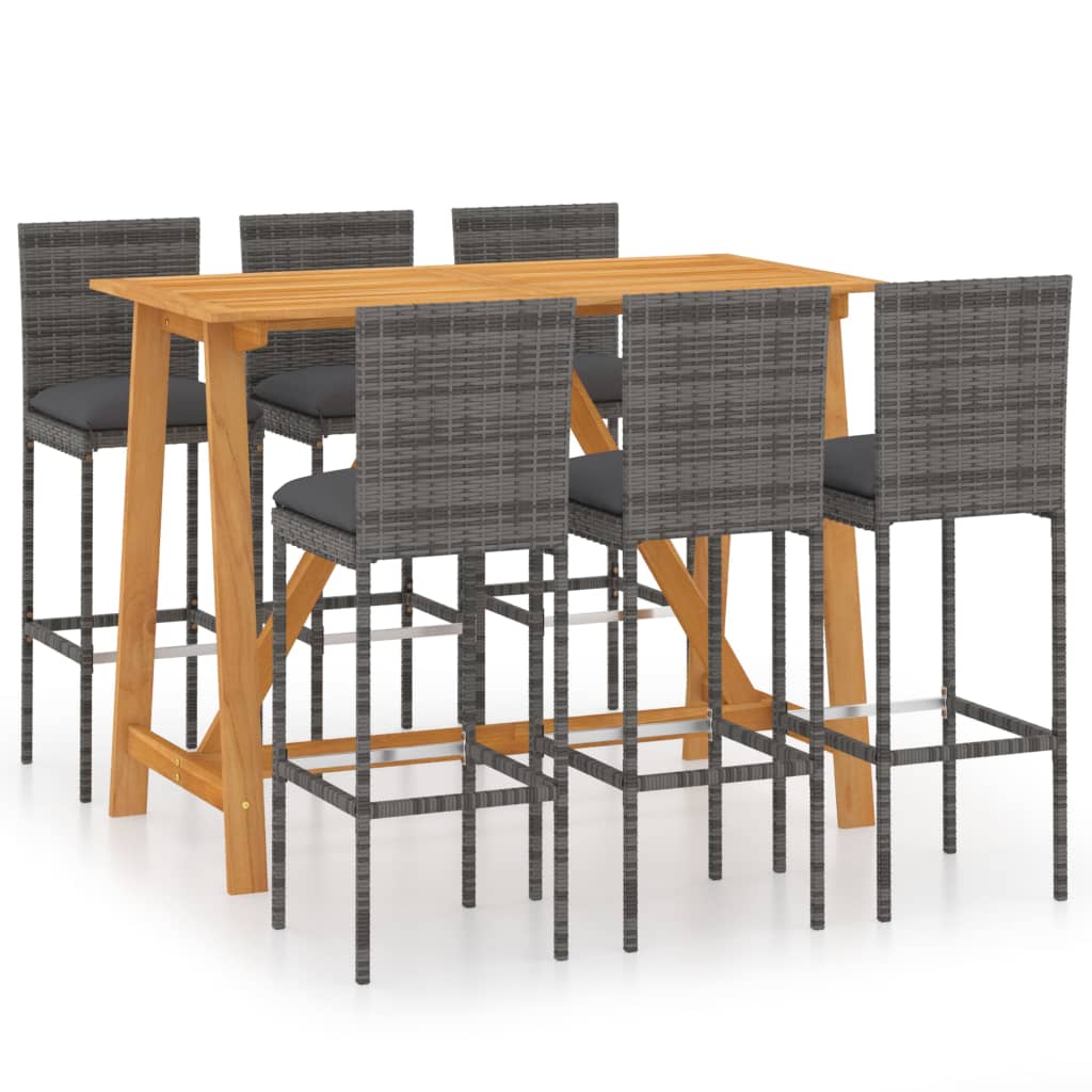 Set mobilier de bar de gradina 7 piese, masa cu scaune, vidaXL, Poliratan/Lemn, 140 x 70 x 104 cm, Gri/Antracit