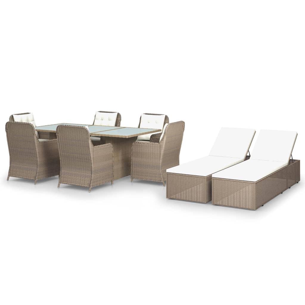 Set mobilier de gradina cu 6 scaune, 2 fotolii cu perne si 1 masa cu blat de sticla vidaXL, Poliratan, 200 x 100 x 74 cm, Maro
