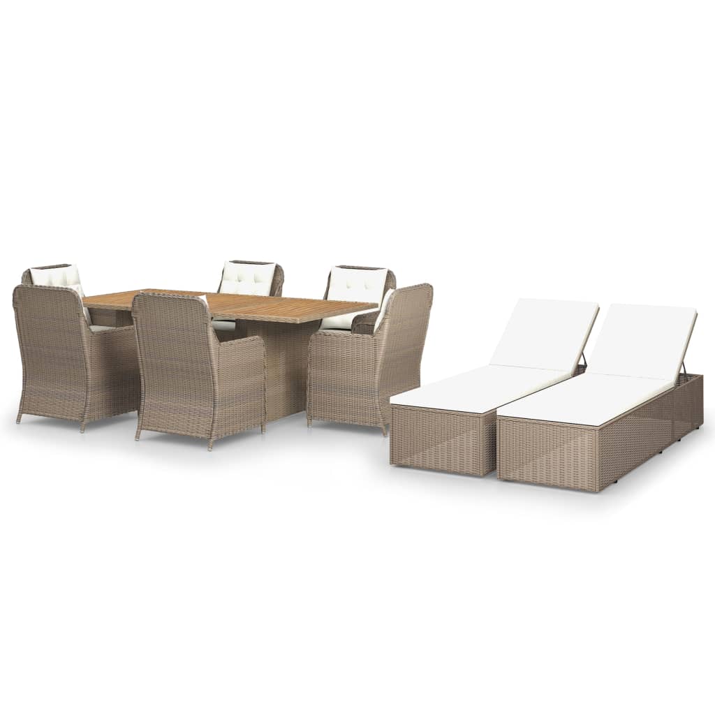 Set mobilier de terasa 11 piese masa cu 8 scaune-fotoliu si sezlonguri, vidaXL, Ratan-Lemn, 200 x 100 x 74 cm, Maro-perne alb