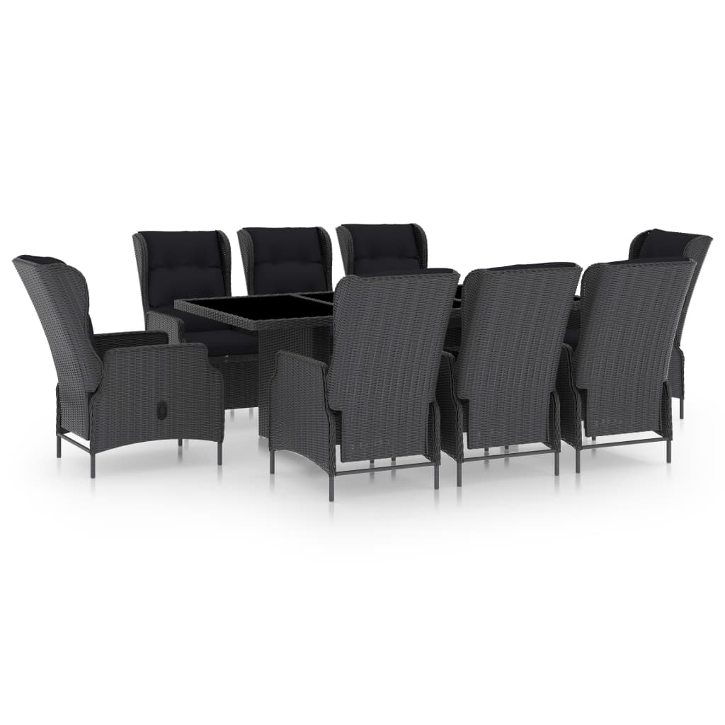 Set mobilier de exterior cu 8 scaune rabatabile cu perne si masa blat sticla securizata vidaXL, Poliratan, 200 x 100 x 74 cm, Gri/Negru