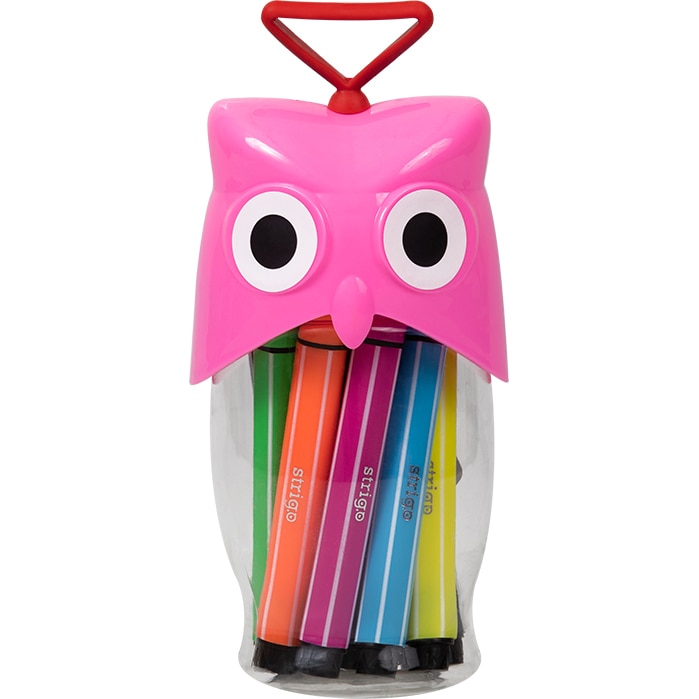 Set 12 Carioci colorate Strigo lavabile, Cutie Bufnita, Roz
