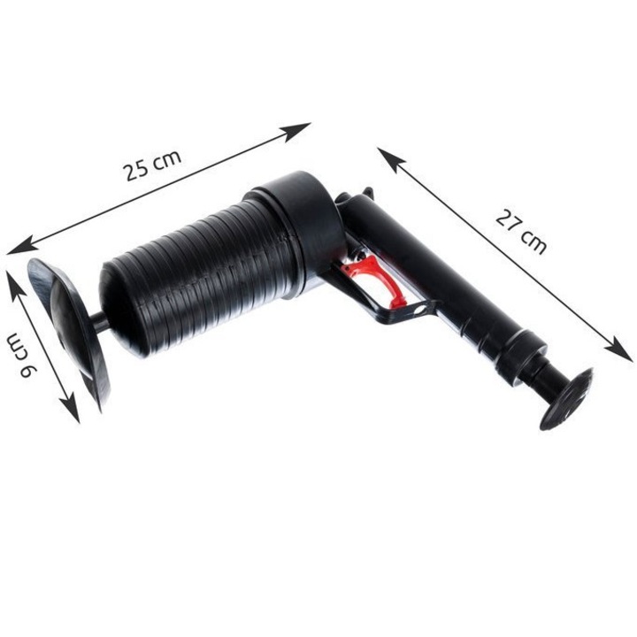 Pompa de aer comprimat tip pistol pentru desfundat tevi sau chiuvete, cu 4 duze, 25x27 cm, negru