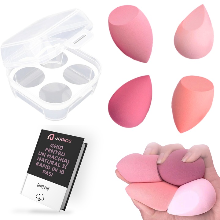 Set 4 x Burete Machiaj, Judios® Flawless Microfiber, cutie pentru transport si depozitare tip cofrag, din microfibra, fara latex, non-abrazivi, pentru aplicarea machiajului tip fondului de ten, utilizare umeda si uscata, Multicolor