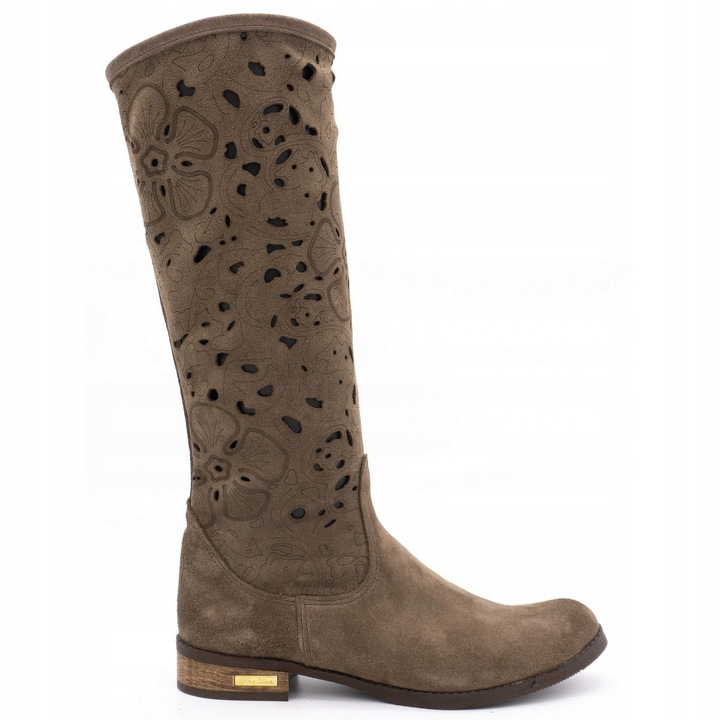 Cizme lungi din piele pentru femei, Olivier, Model flori, Maro, Maro