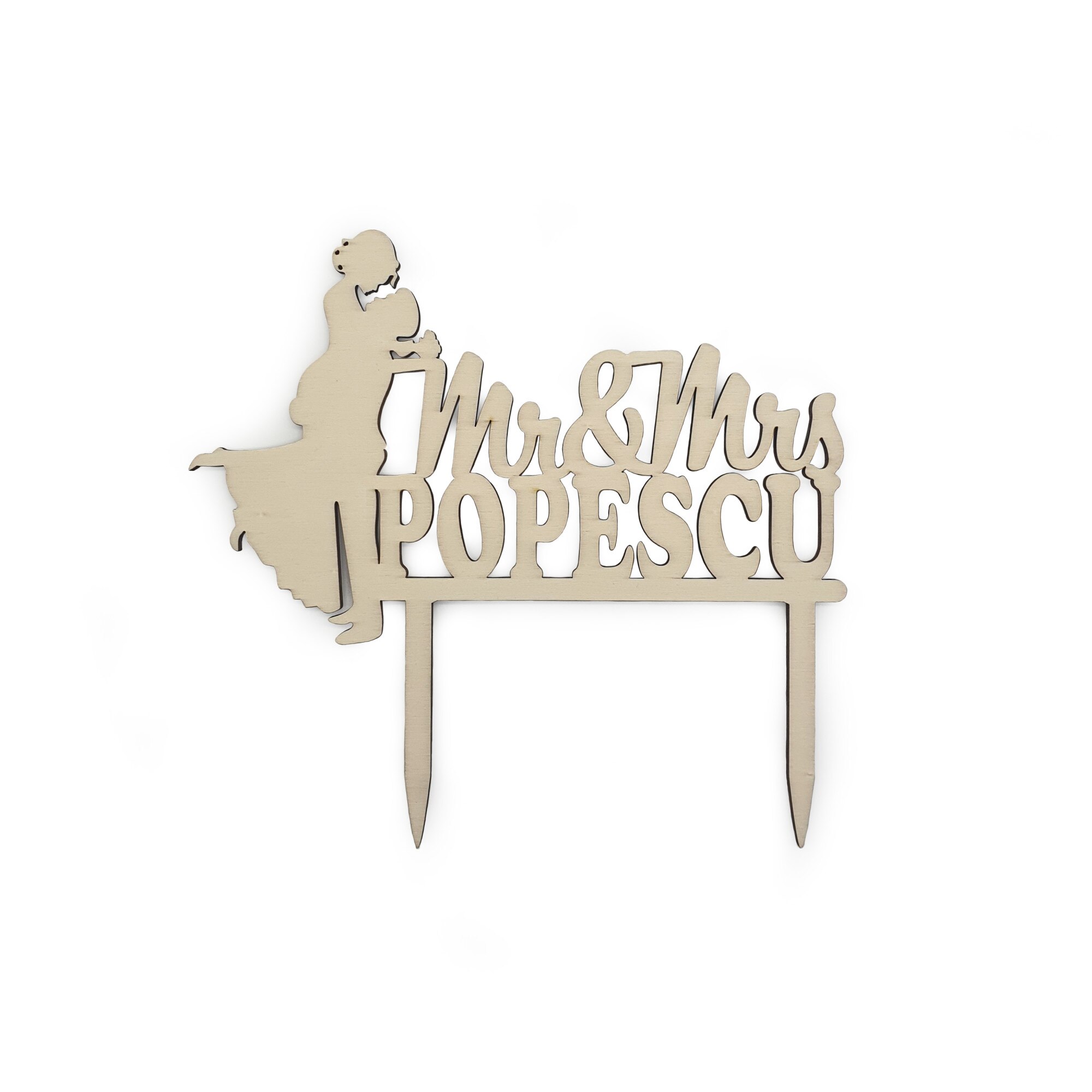 Decoratiune tort personalizata Mr & Mrs, lemn, 15 cm