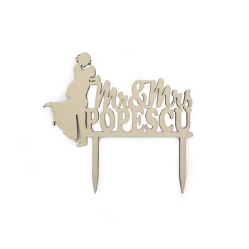 Decoratiune tort personalizata Mr & Mrs, lemn, 15 cm Decoratiune tort personalizata Mr & Mrs, lemn, 15 cm