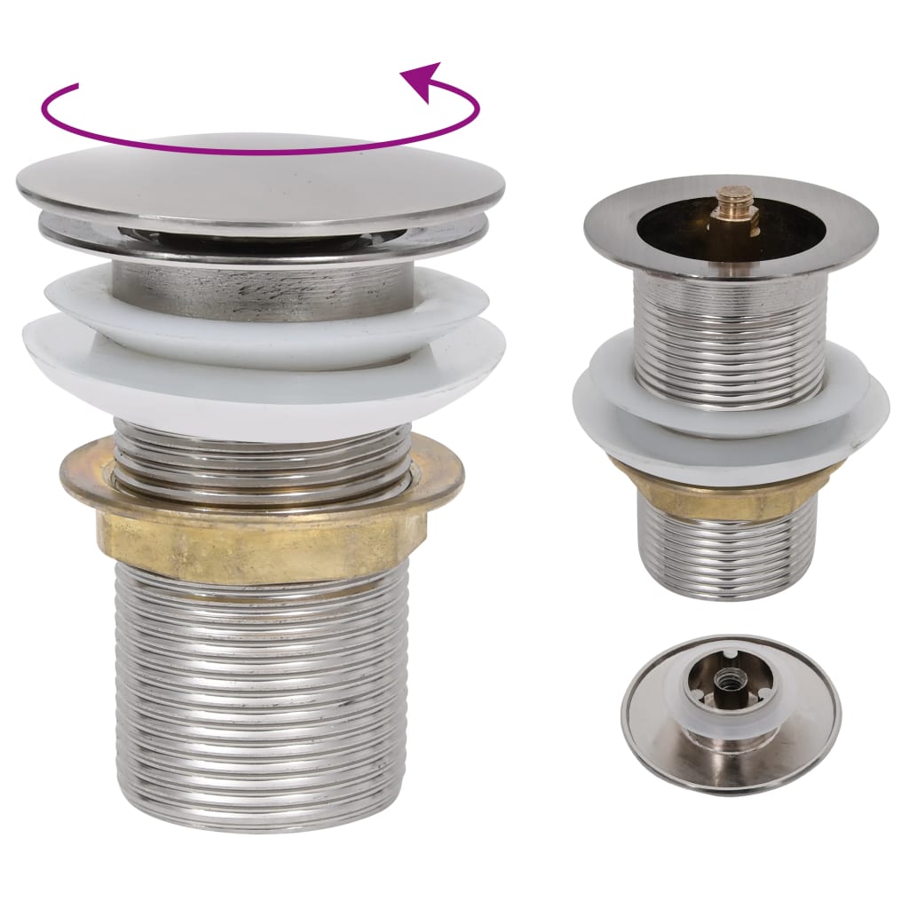 Ventil de scurgere cu push si functie de preaplin vidaXL, Alama, 6.4 x 6.4 x 9.1 cm, Argintiu