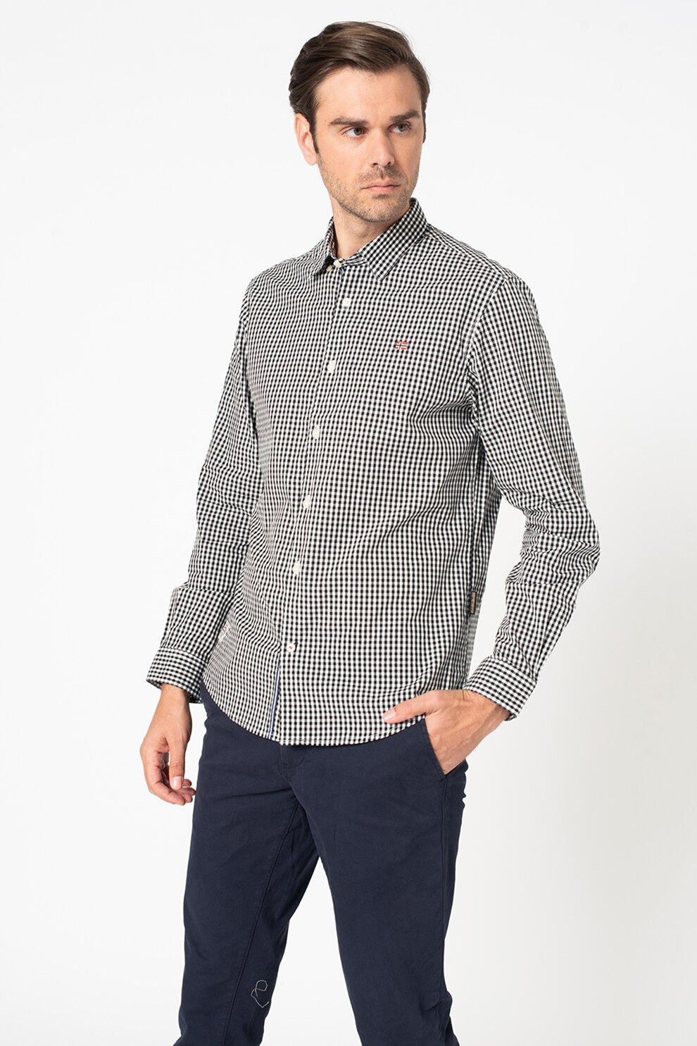 Napapijri, Camasa de bumbac cu imprimeu in carouri Ganesh, Alb/Negru