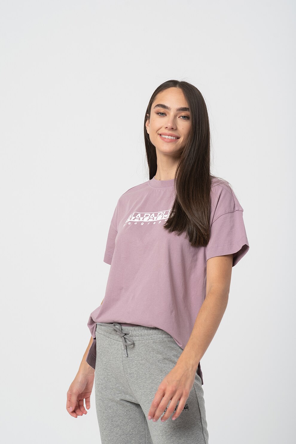 Napapijri, Tricou cu decolteu la baza gatului si imprimeu logo Sebel, Lila prafuit/Alb