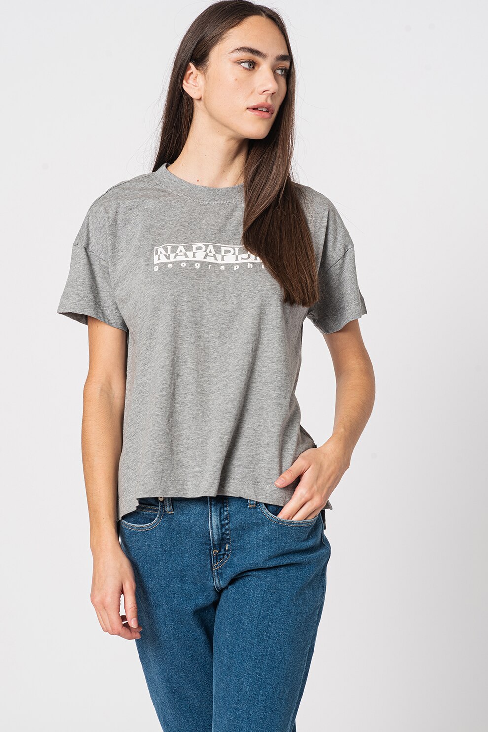 Napapijri, Tricou cu decolteu la baza gatului si imprimeu logo Sebel, Gri melange