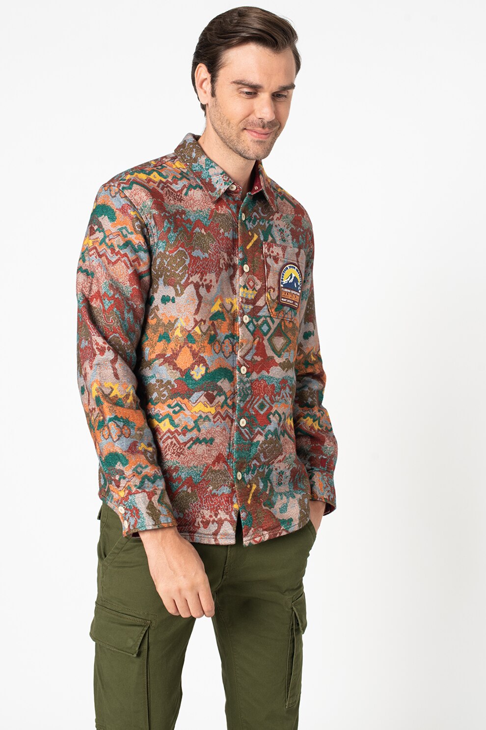 Napapijri, Camasa lejera cu imprimeu abstract cu buzunar aplicat pe piept Aurina, Maro nisip/Rosu/albastru