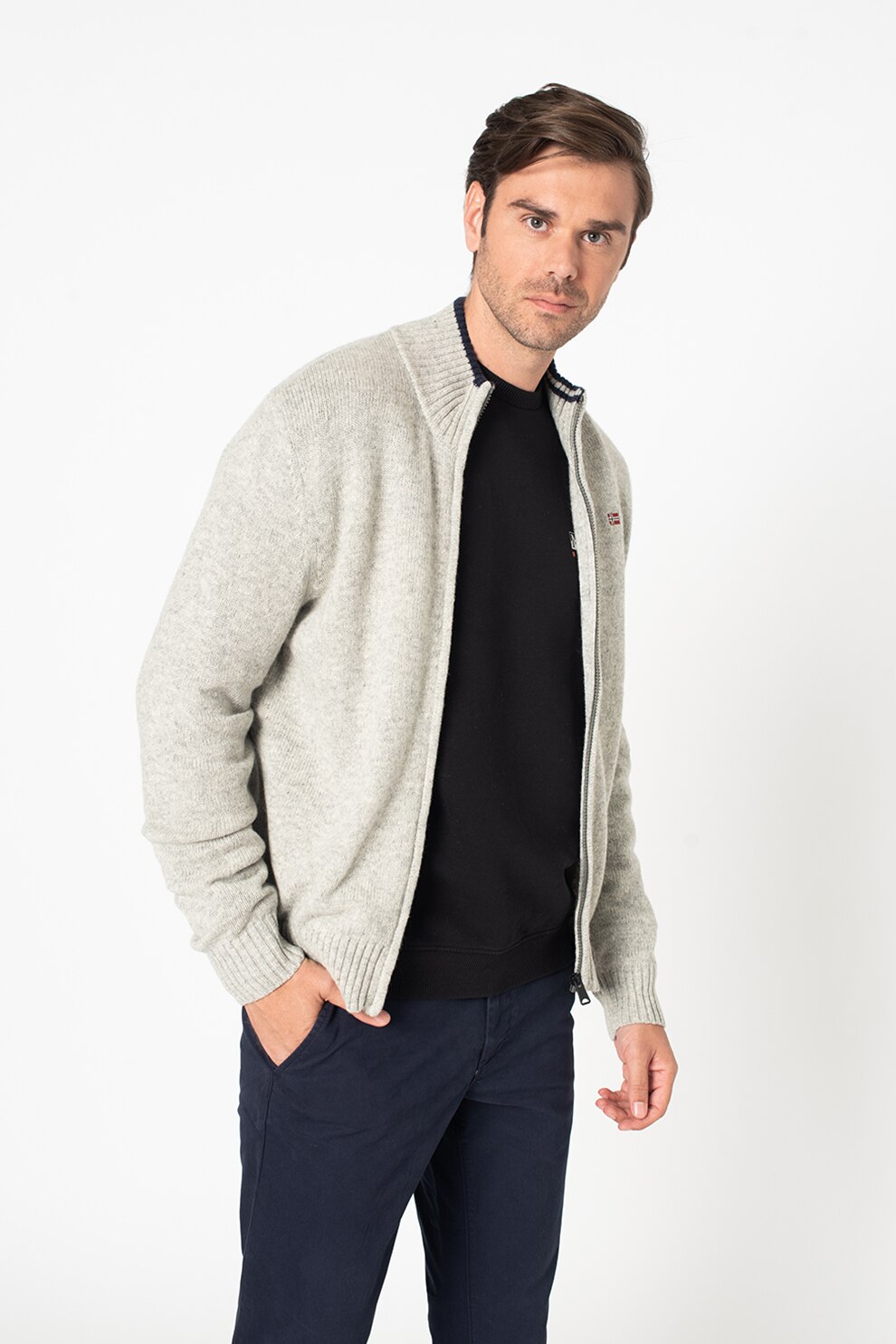 Napapijri, Cardigan din amestec de lana cu fermoar Dain, Gri deschis melange