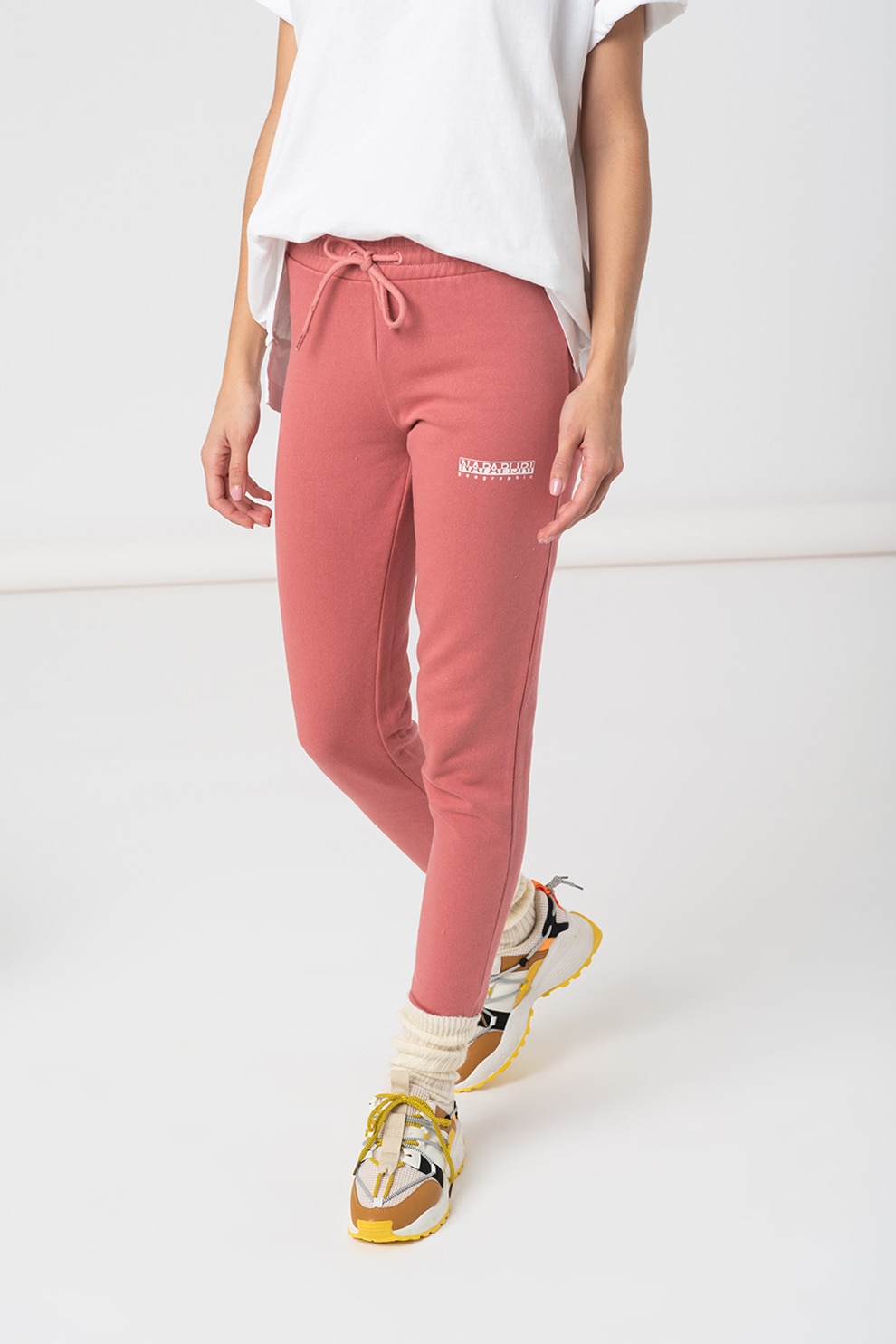Napapijri, Pantaloni sport slim fit cu logo Box, Roz somon