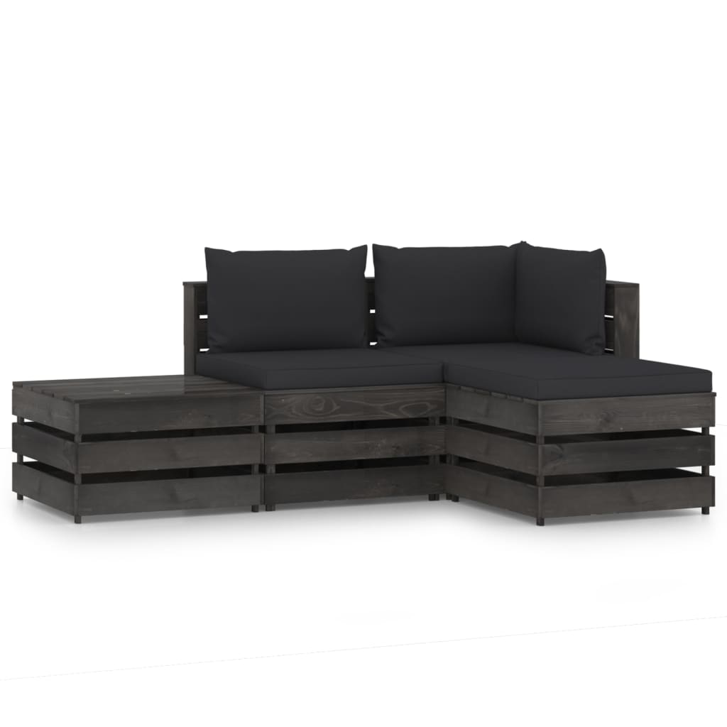 Set mobilier de gradina 4 piese canapea din paleti cu masuta si perne, vidaXL, Lemn de pin, Gri/Negru