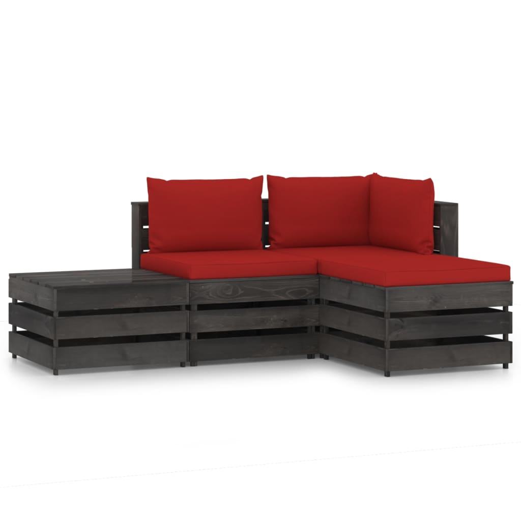 Set mobilier de gradina 4 piese canapea L din paleti cu masuta si perne, vidaXL, Lemn de pin, Gri/Rosu