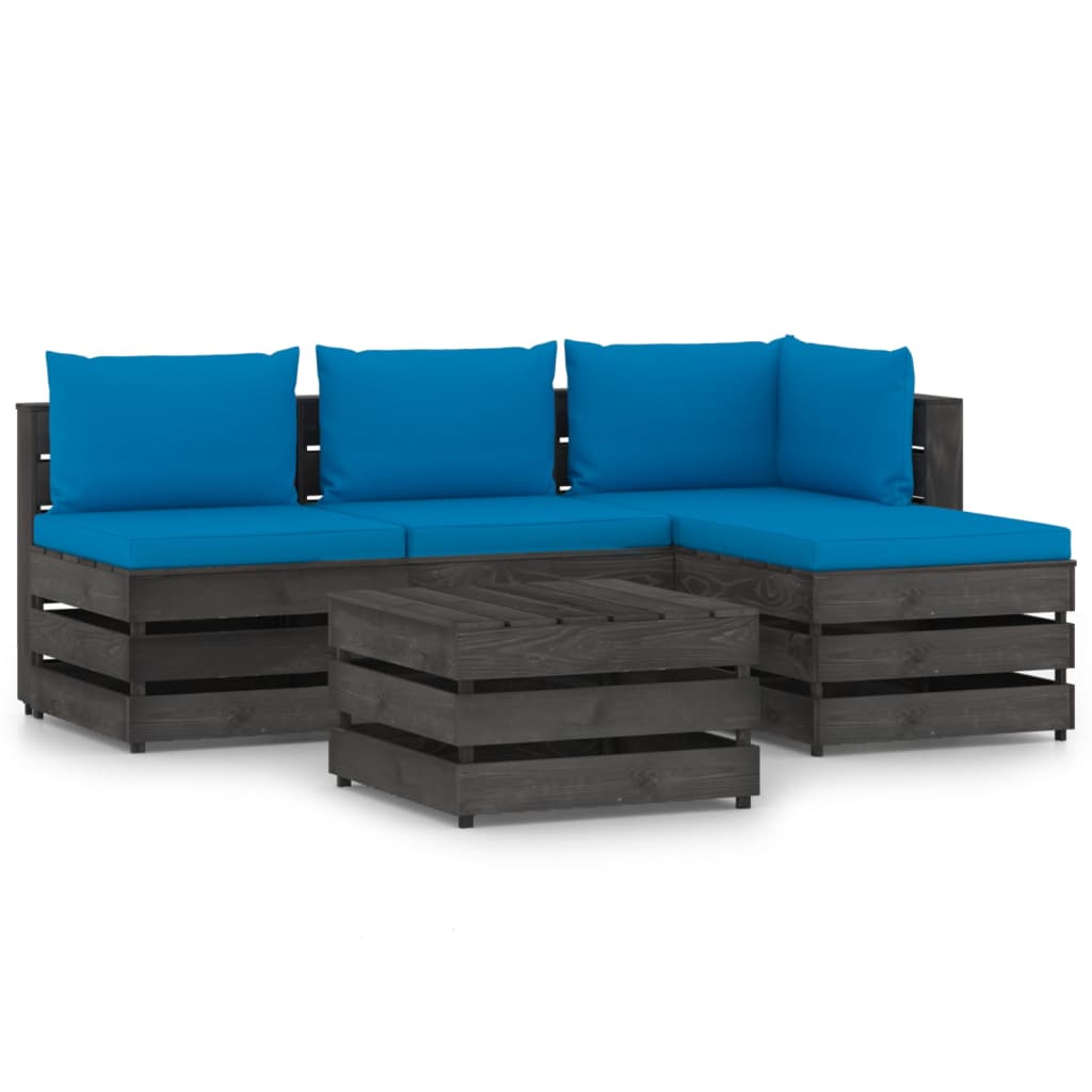Set mobilier de gradina 5 piese canapea L din paleti cu masuta, perne, vidaXL, Lemn de pin tratat, Gri/Albastru deschis