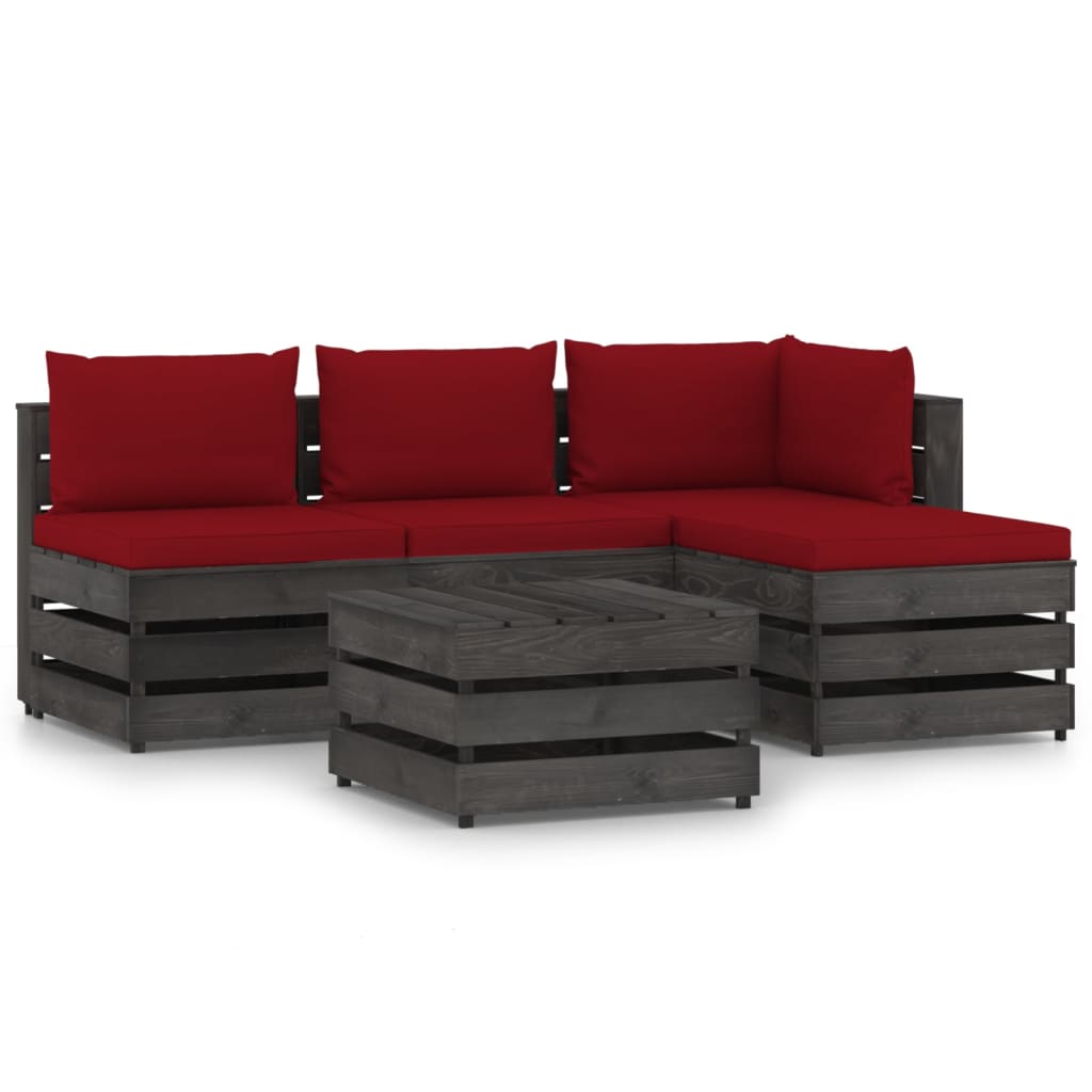 Set mobilier de gradina 5 piese canapea L din paleti cu masuta, perne, vidaXL, Lemn de pin tratat, Gri/Grena