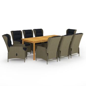 Set mobilier de gradina 9 piese masa cu scaune tip fotoliu, vidaXL, Poliratan-Lemn, 200 x 90 x 74 cm, Maro/Negru Set mobilier de gradina 9 piese masa cu scaune tip fotoliu, vidaXL, Poliratan-Lemn, 200 x 90 x 74 cm, Maro/Negru