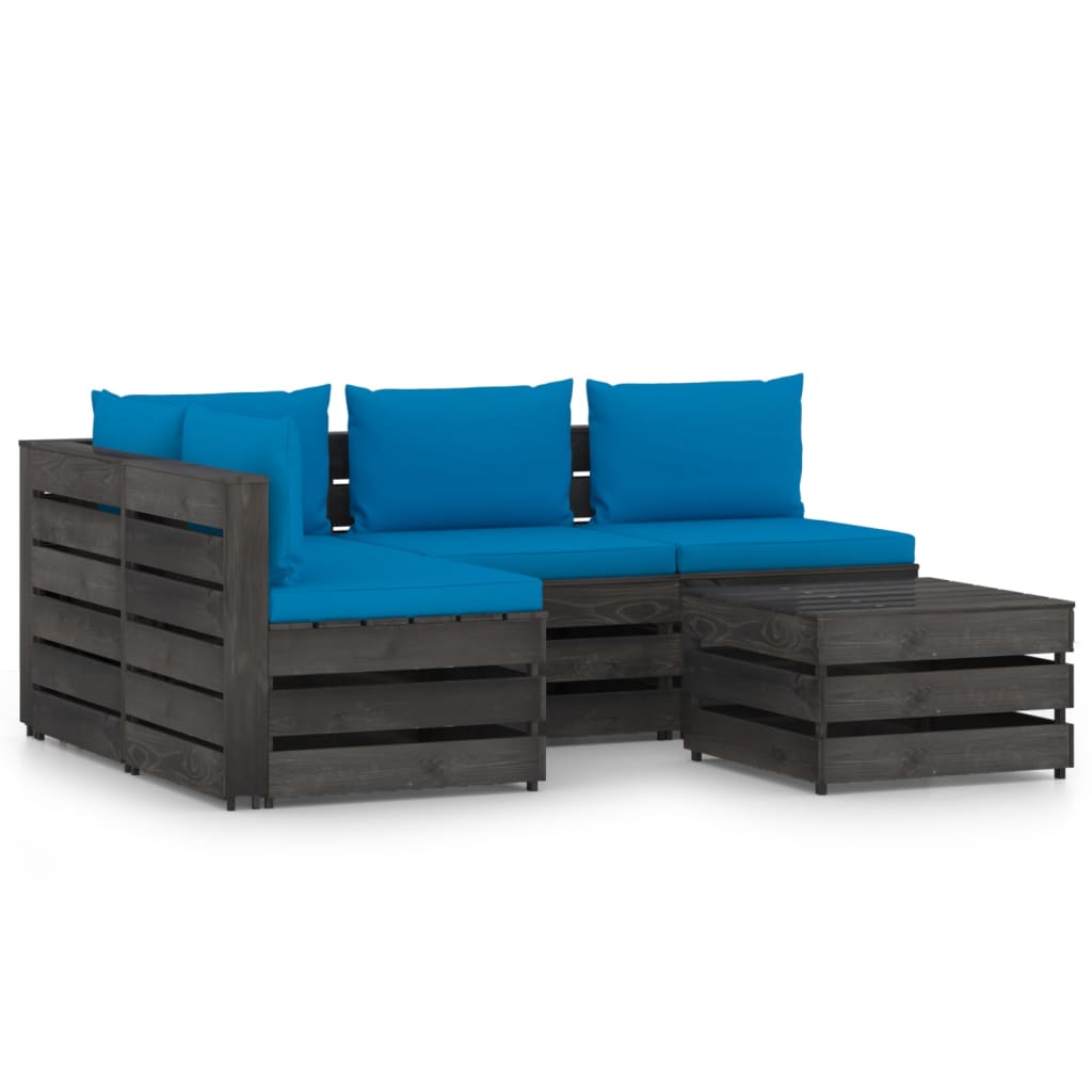 Set mobilier de gradina 5 piese canapea L din paleti cu masuta-taburet si perne, vidaXL, Lemn de pin tratat, Gri antracit/Perne albastru deschis