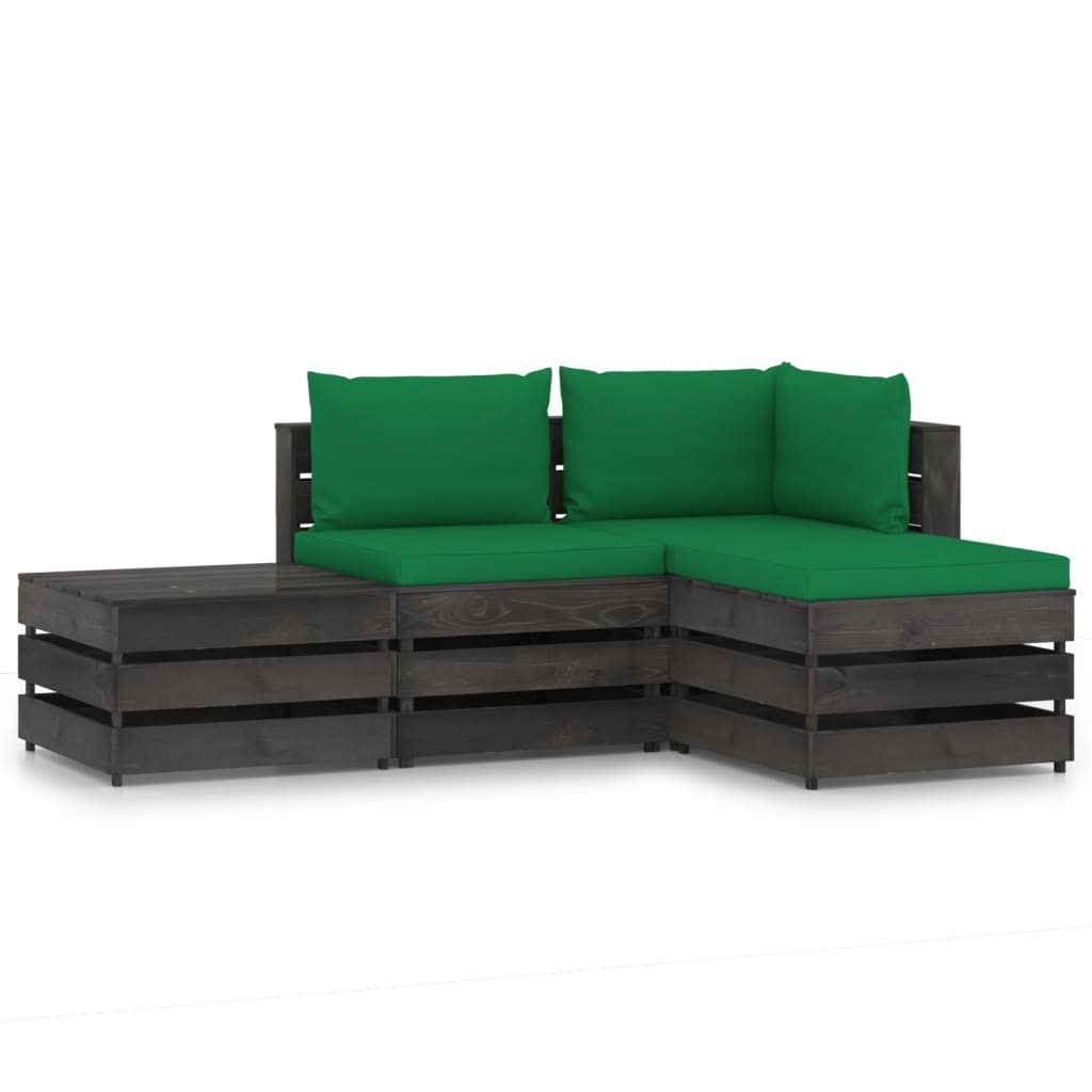 Set mobilier de gradina 4 piese canapea L din paleti cu masuta si perne, vidaXL, Lemn de pin, Gri/Verde