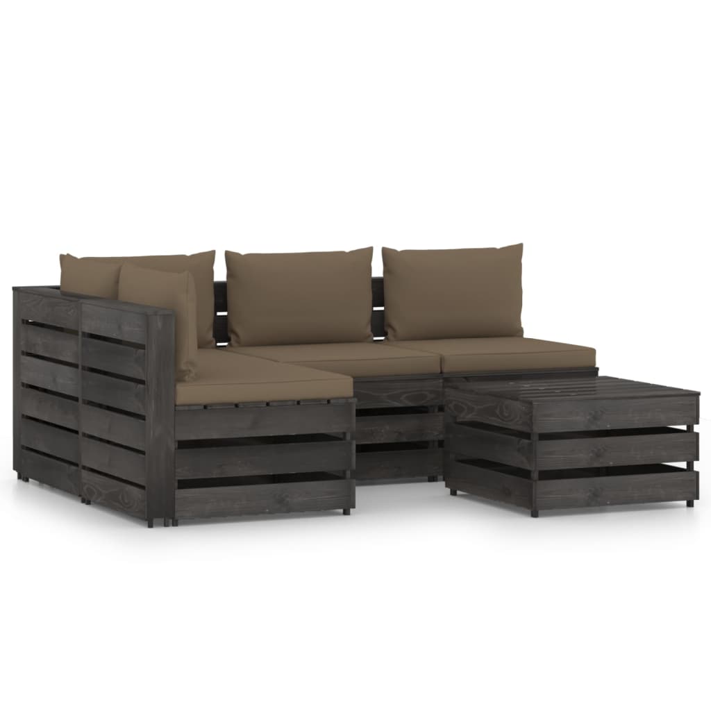 Set mobilier de gradina 5 piese canapea L din paleti cu masuta-taburet si perne, vidaXL, Lemn de pin tratat, Gri antracit/Perne gri taupe