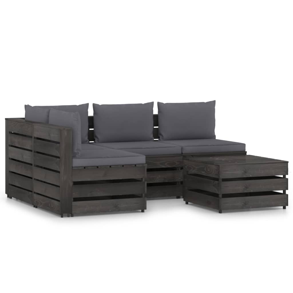 Set mobilier de gradina 5 piese canapea L din paleti cu masuta-taburet si perne, vidaXL, Lemn de pin tratat, Gri antracit/Perne gri inchis