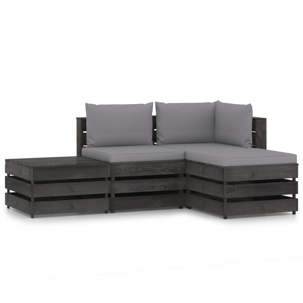 Set mobilier de gradina 4 piese canapea L din paleti cu masuta si perne, vidaXL, Lemn de pin, Gri