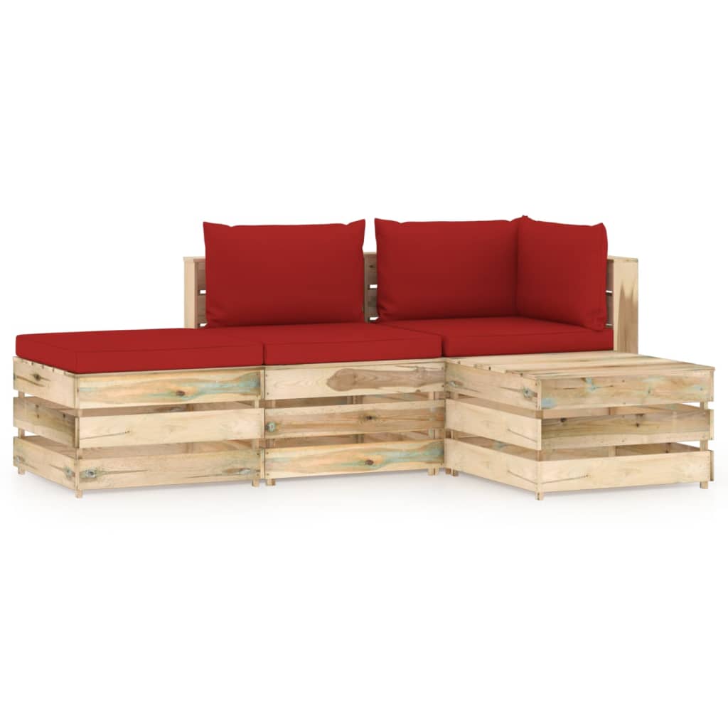 Set mobilier de gradina 4 piese canapea L cu masuta/taburet si perne, vidaXL, Lemn de pin verde tratat, Maro/Rosu