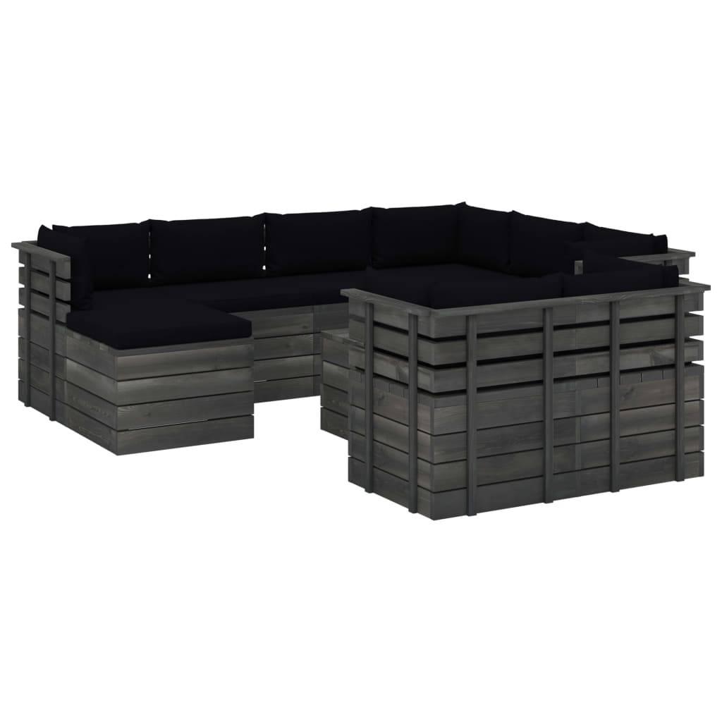 Set mobilier de gradina 10 piese canapea din paleti si masuta, cu perne, vidaXL, Lemn de pin, Negru