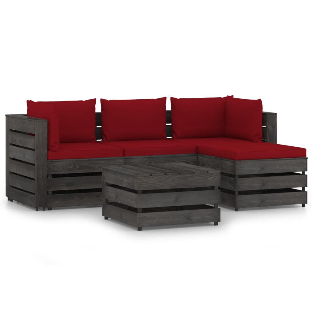 Set mobilier de gradina 5 piese canapea L din paleti cu masuta-taburet si perne, vidaXL, Lemn de pin tratat, Gri/Perne grena