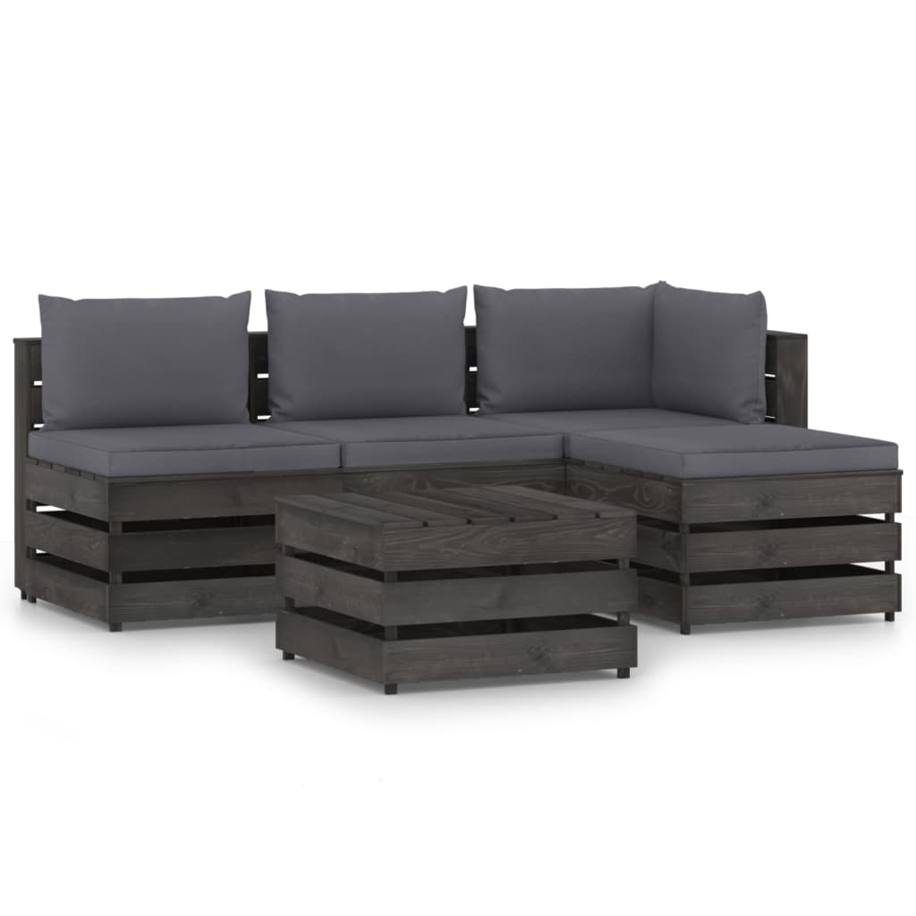 Set mobilier de gradina 5 piese canapea L din paleti cu masuta, perne, vidaXL, Lemn de pin tratat, Gri