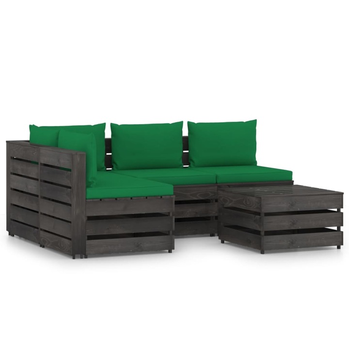 Set mobilier de gradina 5 piese canapea L din paleti cu masuta-taburet si perne, vidaXL, Lemn de pin tratat, Gri antracit/Perne Verde