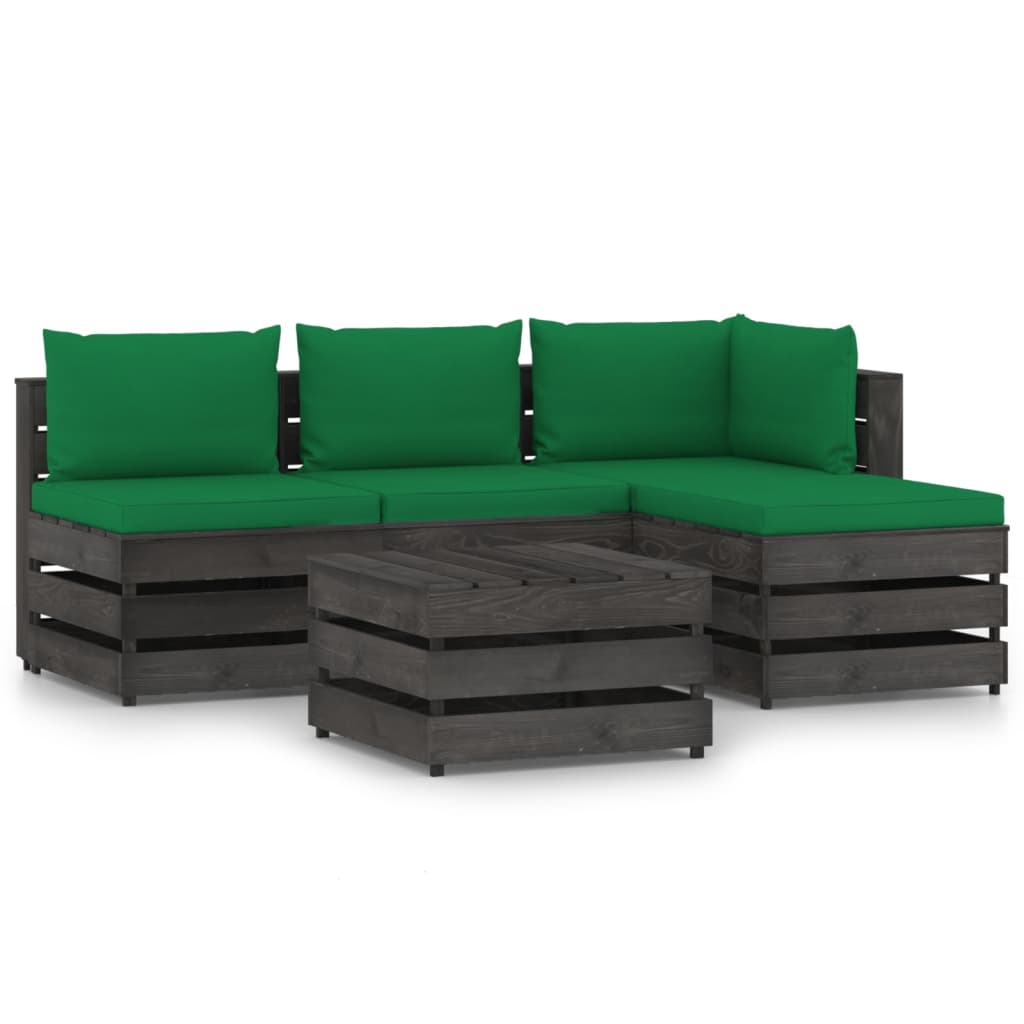 Set mobilier de gradina 5 piese canapea L din paleti cu masuta, perne, vidaXL, Lemn de pin tratat, Gri/Verde