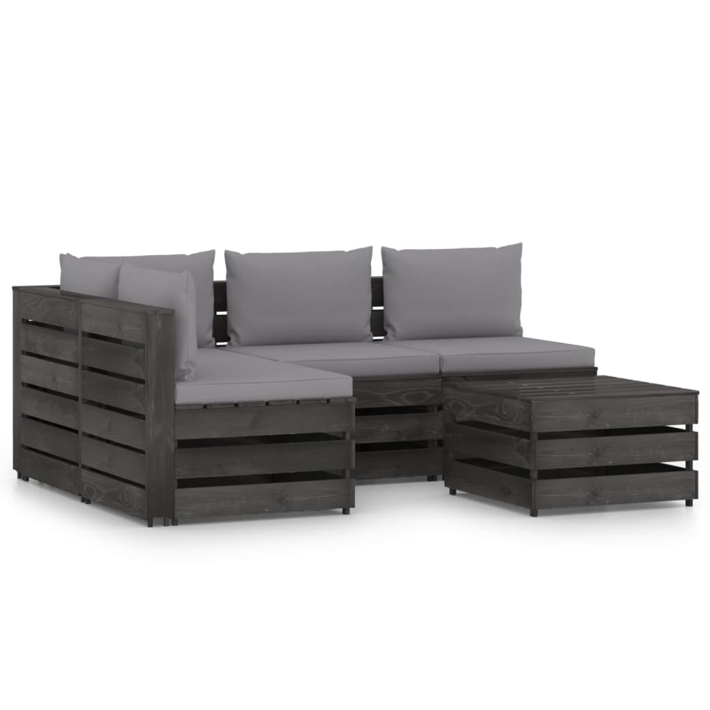 Set mobilier de gradina 5 piese canapea L din paleti cu masuta-taburet si perne, vidaXL, Lemn de pin tratat, Gri antracit/Perne gri deschis