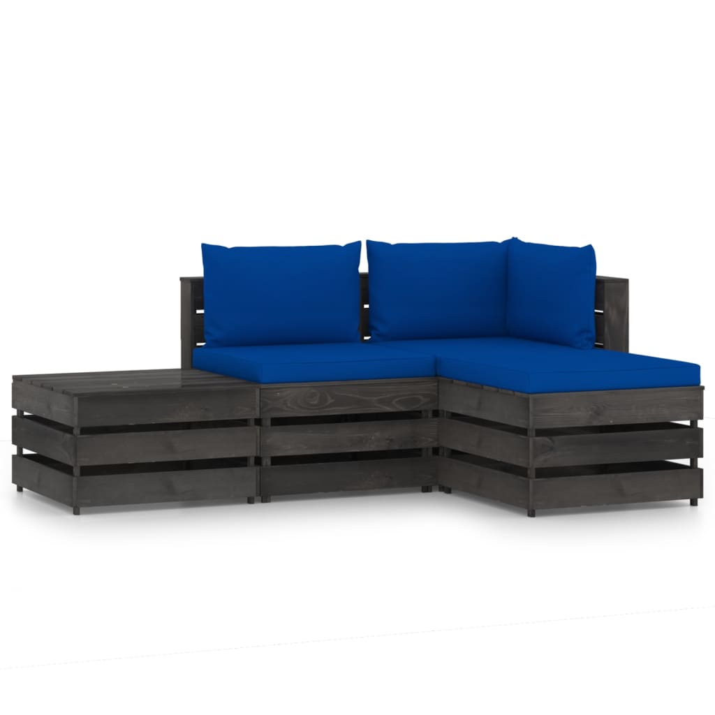 Set mobilier de gradina 4 piese canapea din paleti cu masuta si perne, vidaXL, Lemn de pin, Gri/Albastru