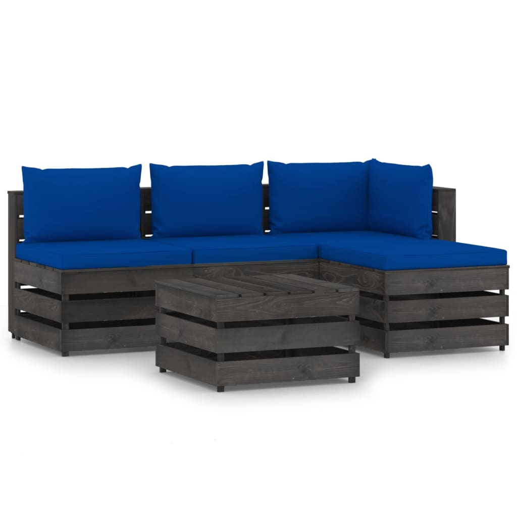 Set mobilier de gradina 5 piese canapea L din paleti cu masuta, perne, vidaXL, Lemn de pin tratat, Gri/Albastru