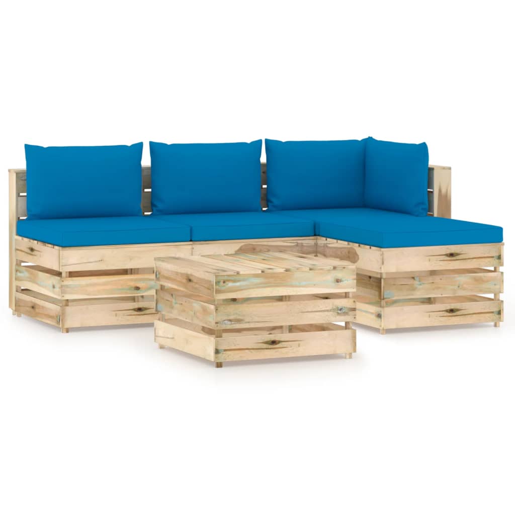 Set mobilier de gradina 5 piese canapea cu masuta/taburet si perne, vidaXL, Lemn de pin verde tratat, Maro/Albastru deschis