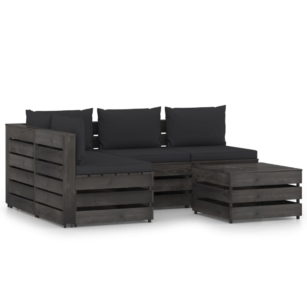 Set mobilier de gradina 5 piese canapea L din paleti cu masuta-taburet si perne, vidaXL, Lemn de pin tratat, Gri antracit/Perne negru