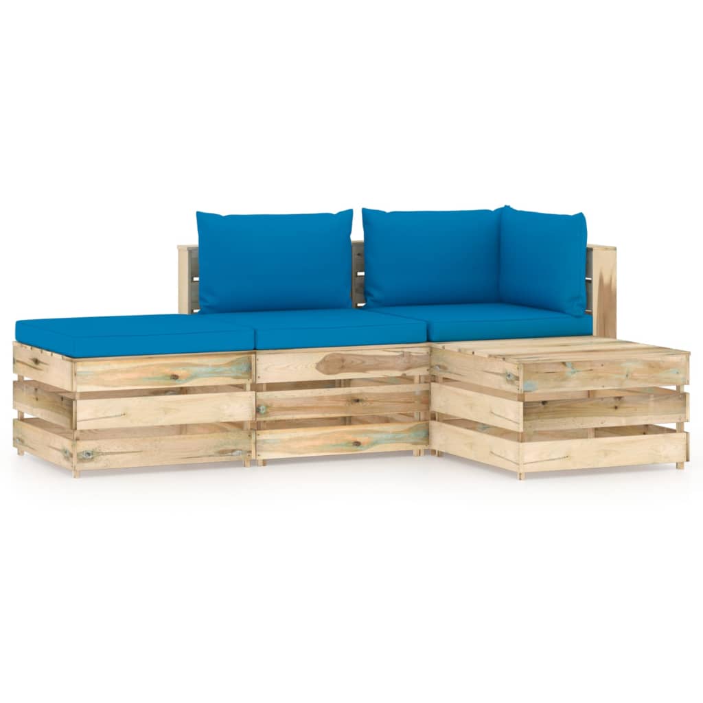 Set mobilier de gradina 4 piese canapea L cu masuta/taburet si perne, vidaXL, Lemn de pin verde tratat, Maro/Albastru deschis