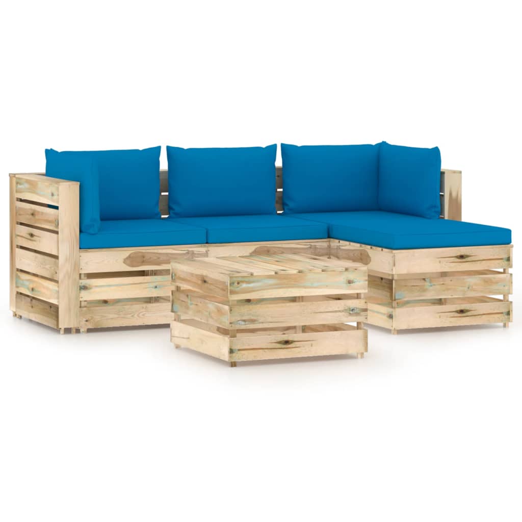 Set mobilier de gradina 5 piese canapea cu masuta sau taburet si perne, vidaXL, Lemn de pin verde tratat, Maro/Albastru deschis