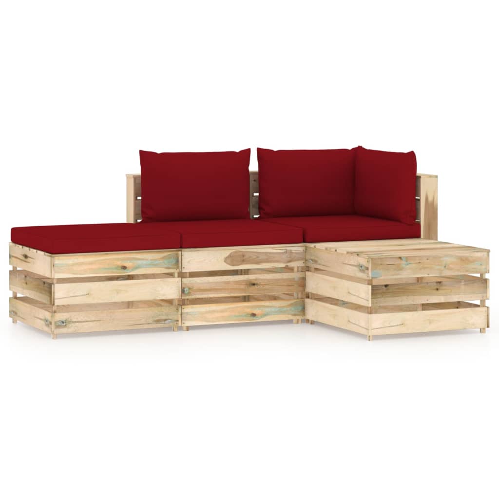 Set mobilier de gradina 4 piese canapea L cu masuta/taburet si perne, vidaXL, Lemn de pin verde tratat, Maro/Grena