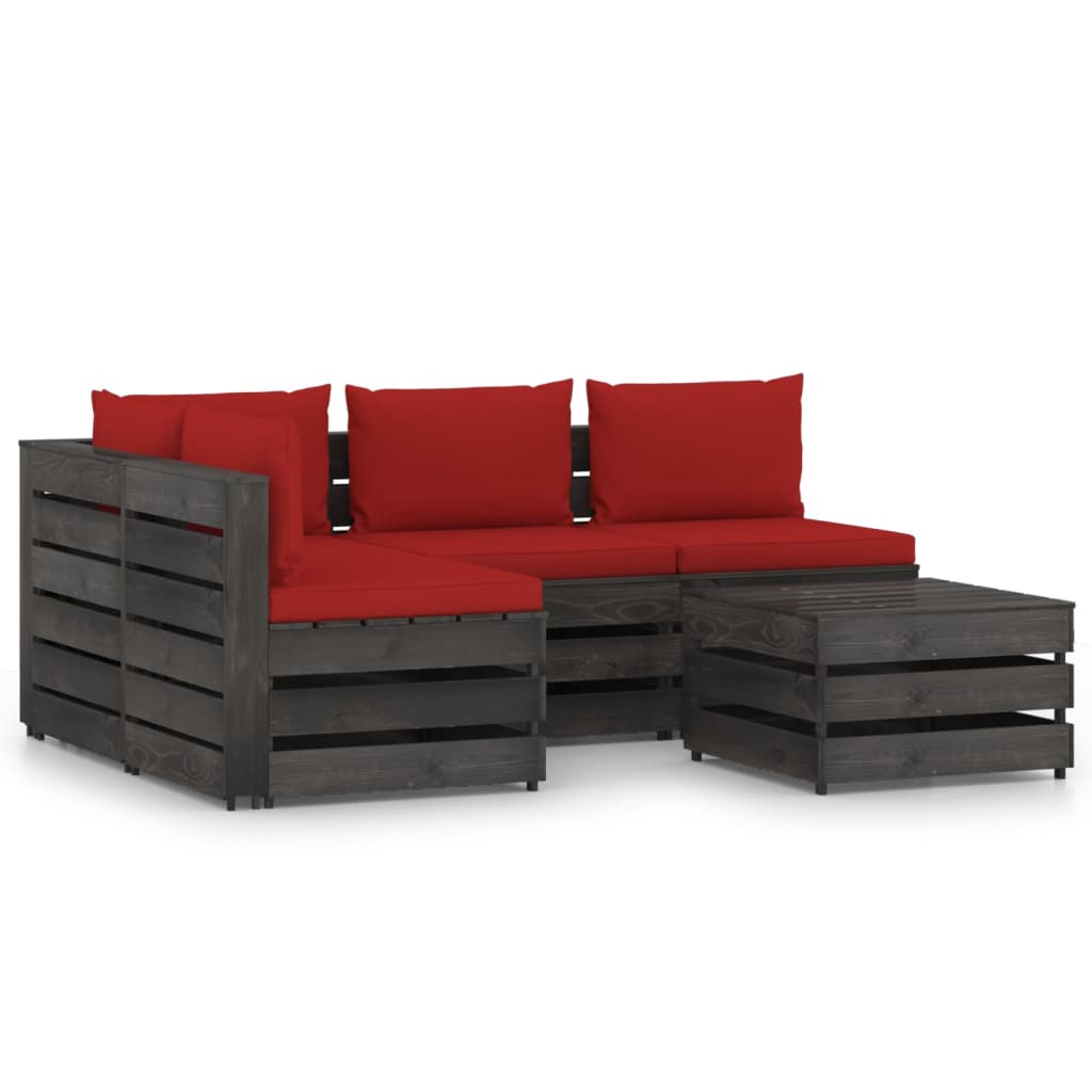 Set mobilier de gradina 5 piese canapea L din paleti cu masuta-taburet si perne, vidaXL, Lemn de pin tratat, Gri antracit/Perne Rosu