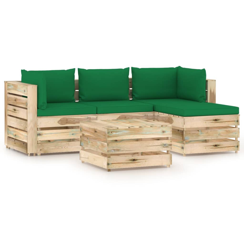 Set mobilier de gradina 5 piese canapea cu masuta sau taburet si perne, vidaXL, Lemn de pin verde tratat, Maro/Verde