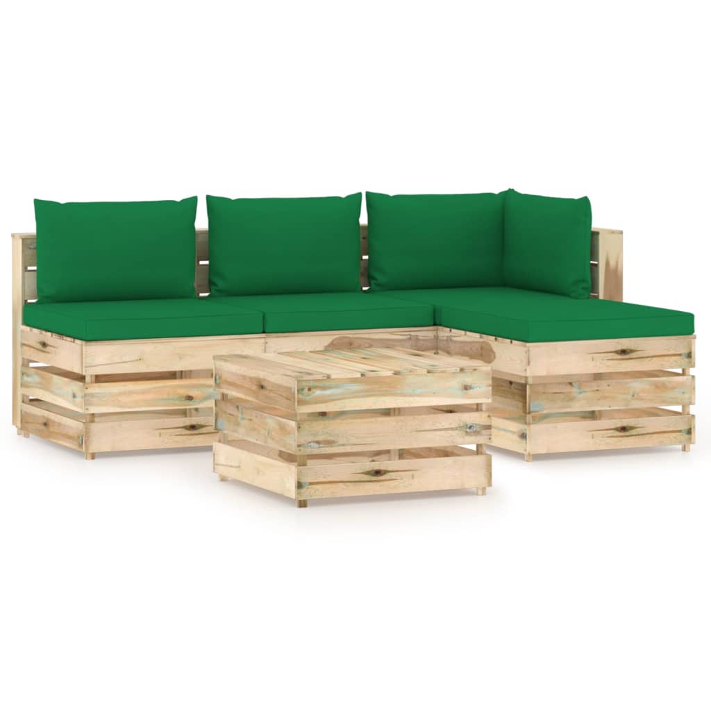 Set mobilier de gradina 5 piese canapea cu masuta/taburet si perne, vidaXL, Lemn de pin verde tratat, Maro/Verde
