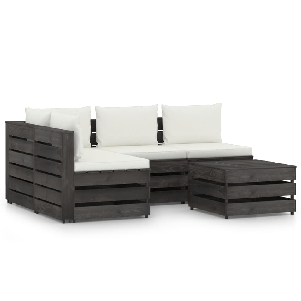 Set mobilier de gradina 5 piese canapea L din paleti cu masuta-taburet si perne, vidaXL, Lemn de pin tratat, Gri antracit/Perne crem