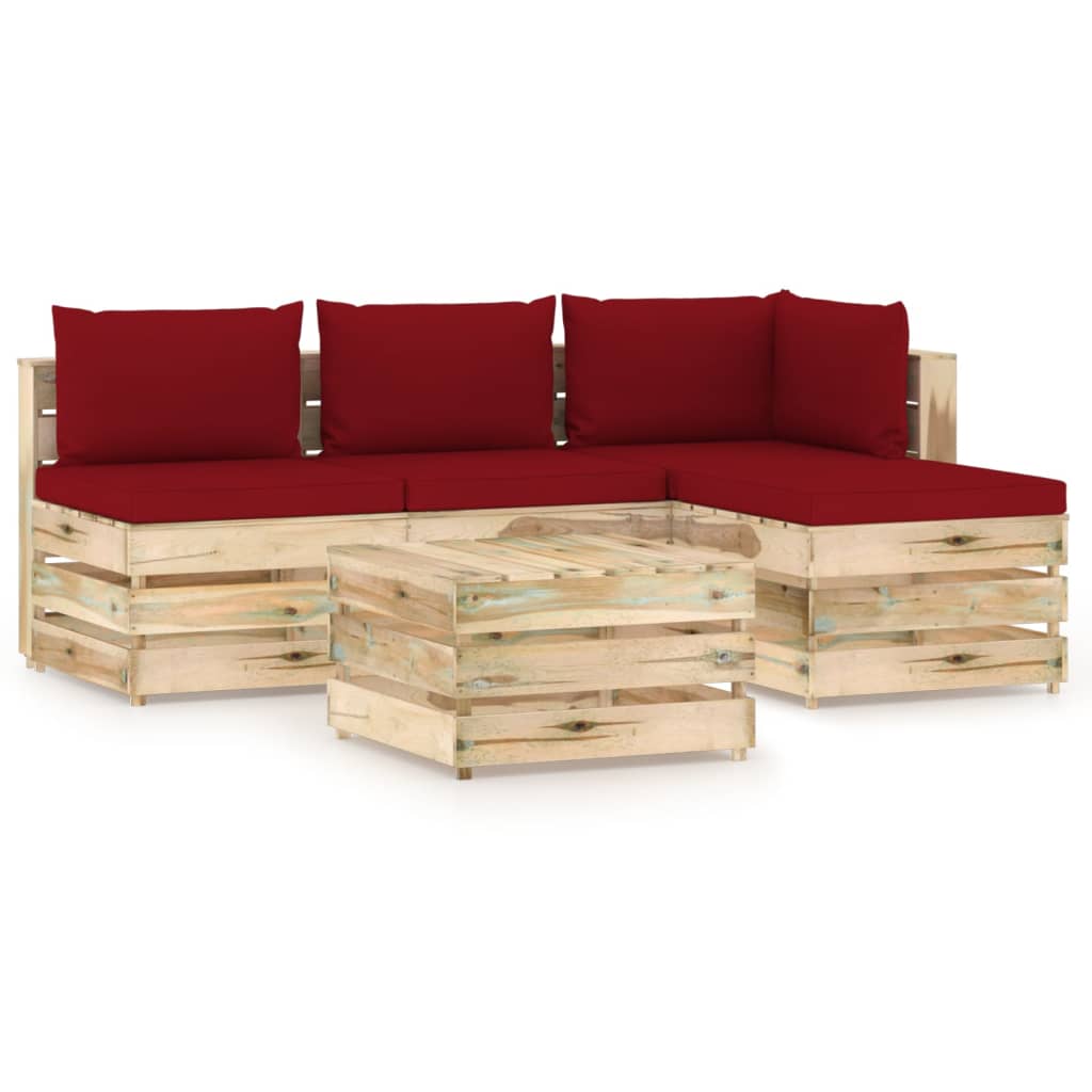 Set mobilier de gradina 5 piese canapea cu masuta/taburet si perne, vidaXL, Lemn de pin verde tratat, Maro/Grena
