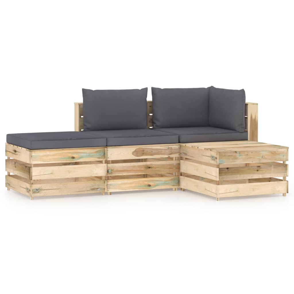 Set mobilier de gradina 4 piese canapea L cu masuta/taburet si perne, vidaXL, Lemn de pin verde tratat, Maro/Antracit