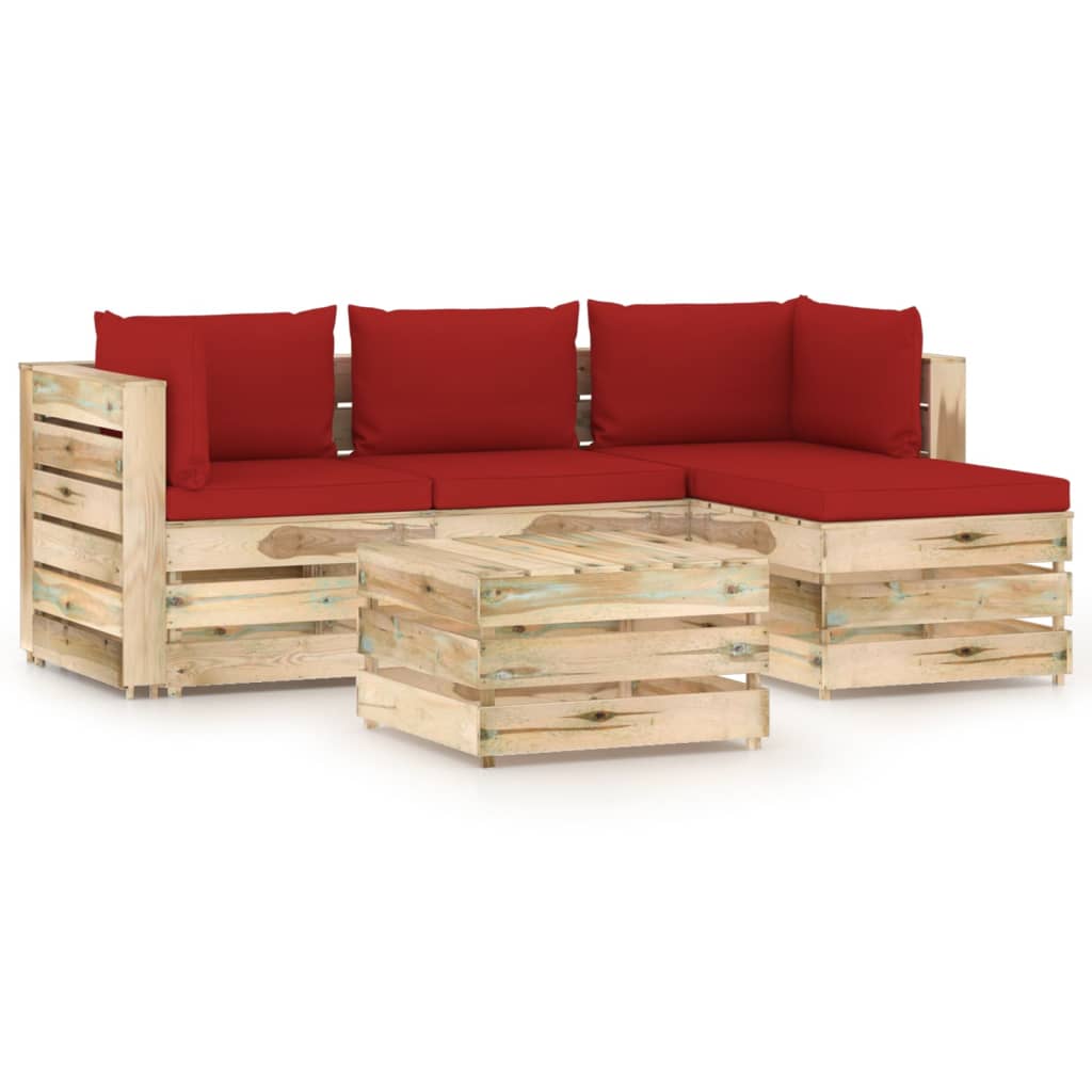 Set mobilier de gradina 5 piese canapea cu masuta sau taburet si perne, vidaXL, Lemn de pin verde tratat, Maro/Rosu