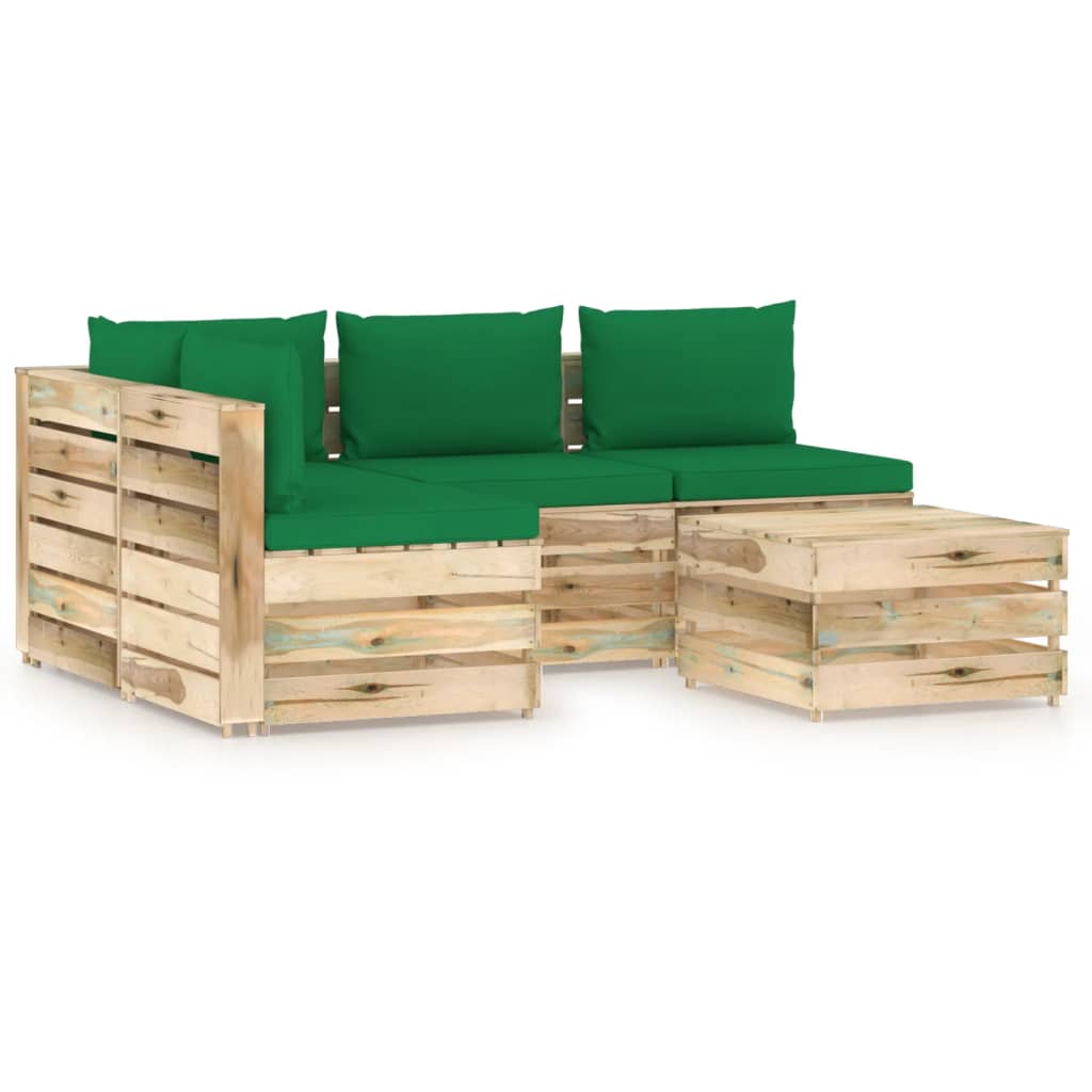 Set mobilier de gradina 5 piese canapea L cu masuta sau taburet si perne, vidaXL, Lemn de pin verde tratat, Maro/Verde