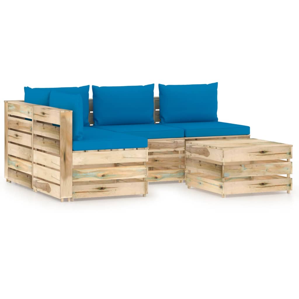 Set mobilier de gradina 5 piese canapea L cu masuta sau taburet si perne, vidaXL, Lemn de pin verde tratat, Maro/Albastru deschis
